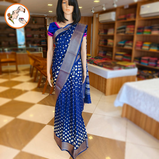 Blue Retro Theme Polka dots Dola Silk Casual Saree
