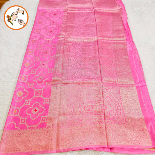 Lotus Pink Gold zari work Bridal Pure Russian Satin Silk Saree