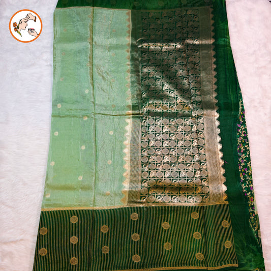 Light Green Fancy Soft Silk Saree with Dark Green vertical stripes border