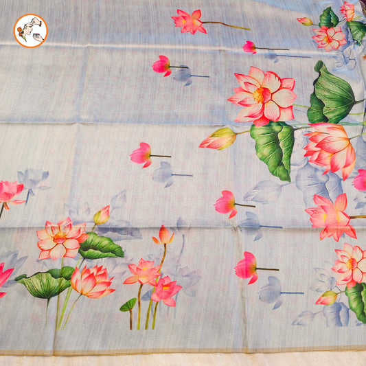 Bluish Grey Lotus Floral Theme Tussar Silk Saree Vivahasilks