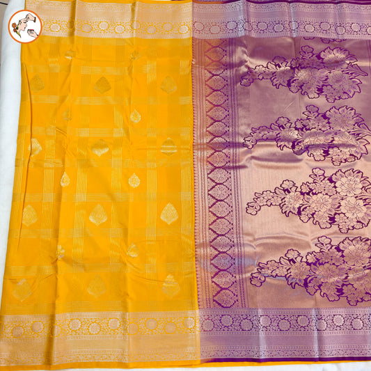 Yellow Traditional check kanchipuram Semi Silk with Purple blouse