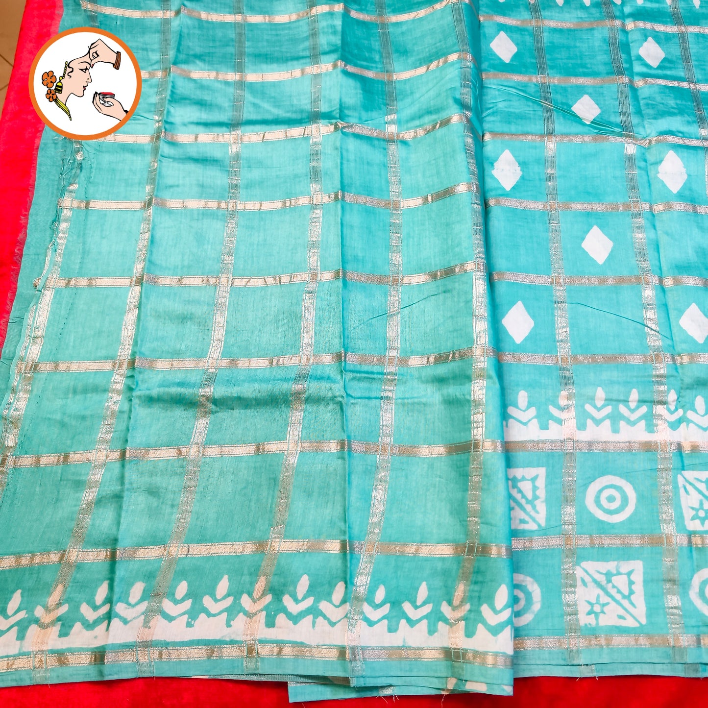 Sky Blue checks Saree with Flower butta Soft Cotton Casual Saree