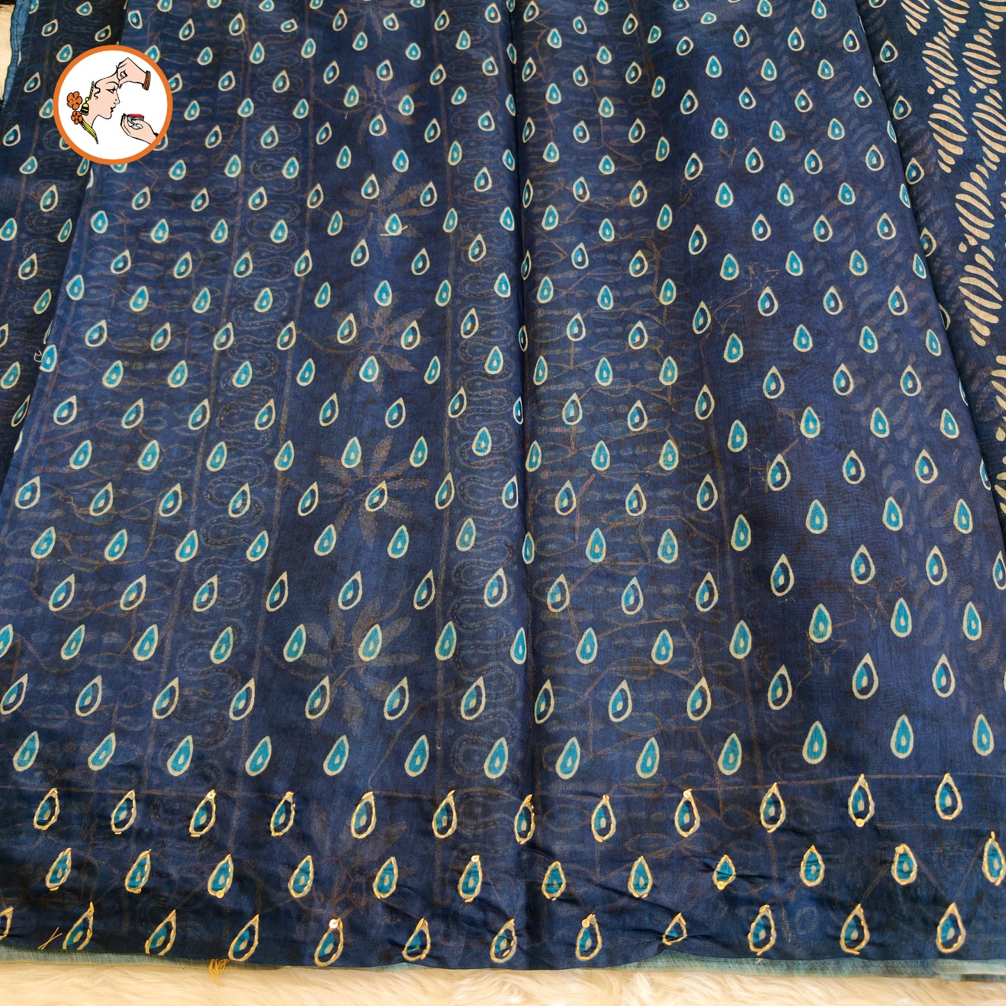 Indigo Blue Chanderi Kantha Embroidary Cotton Casual Saree