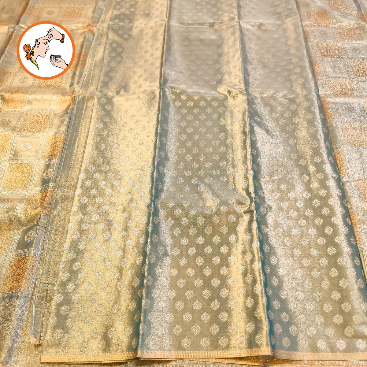 Pastel Blue checkered pattern Kanchipuram Bridal High Tissue Silk Saree