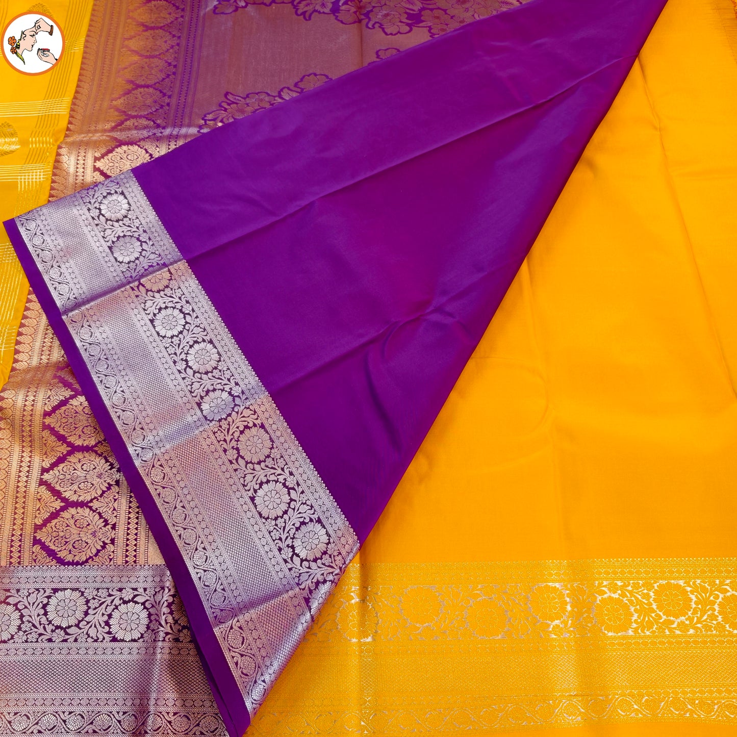 Yellow Traditional check kanchipuram Semi Silk with Purple blouse