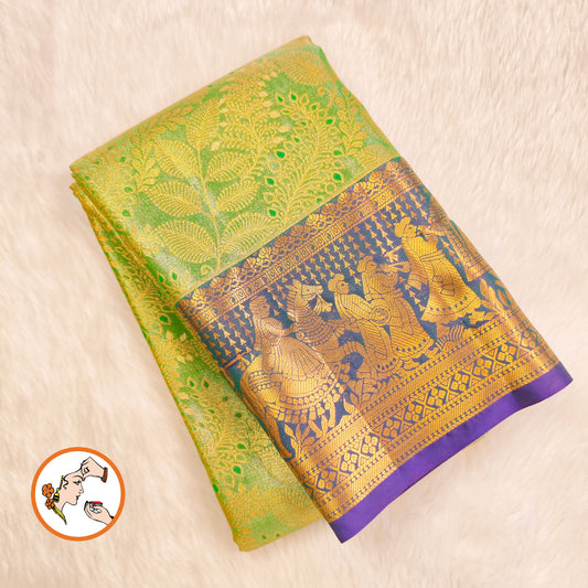 Green with Peacock Blue Pallakku border gold zari weaving Kanchipuram Bridal High Tissue Silk Saree