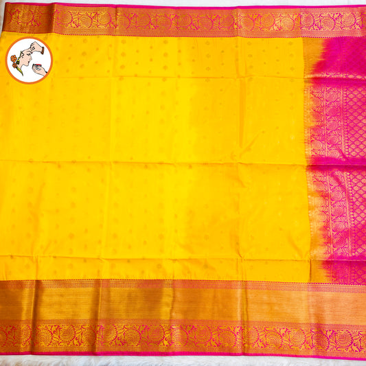Yellow with Pink border Traditional Kanchipuram Soft Silk Saree