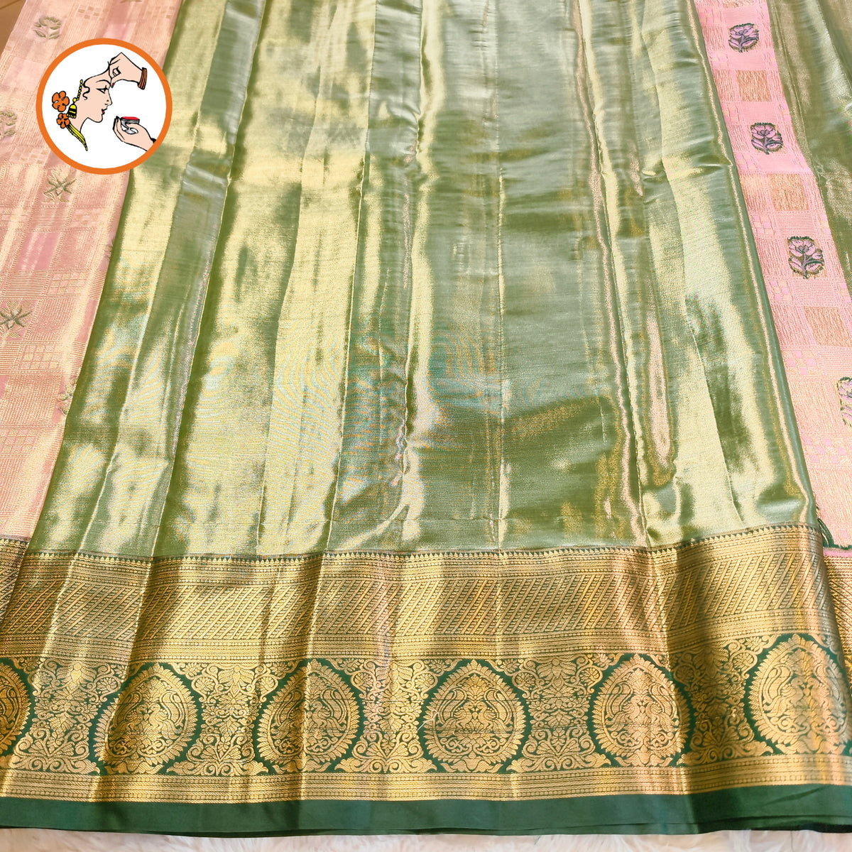 Light Pink with Dark Green border Silver zari weaving Kanchipuram High Tissue Silk Saree