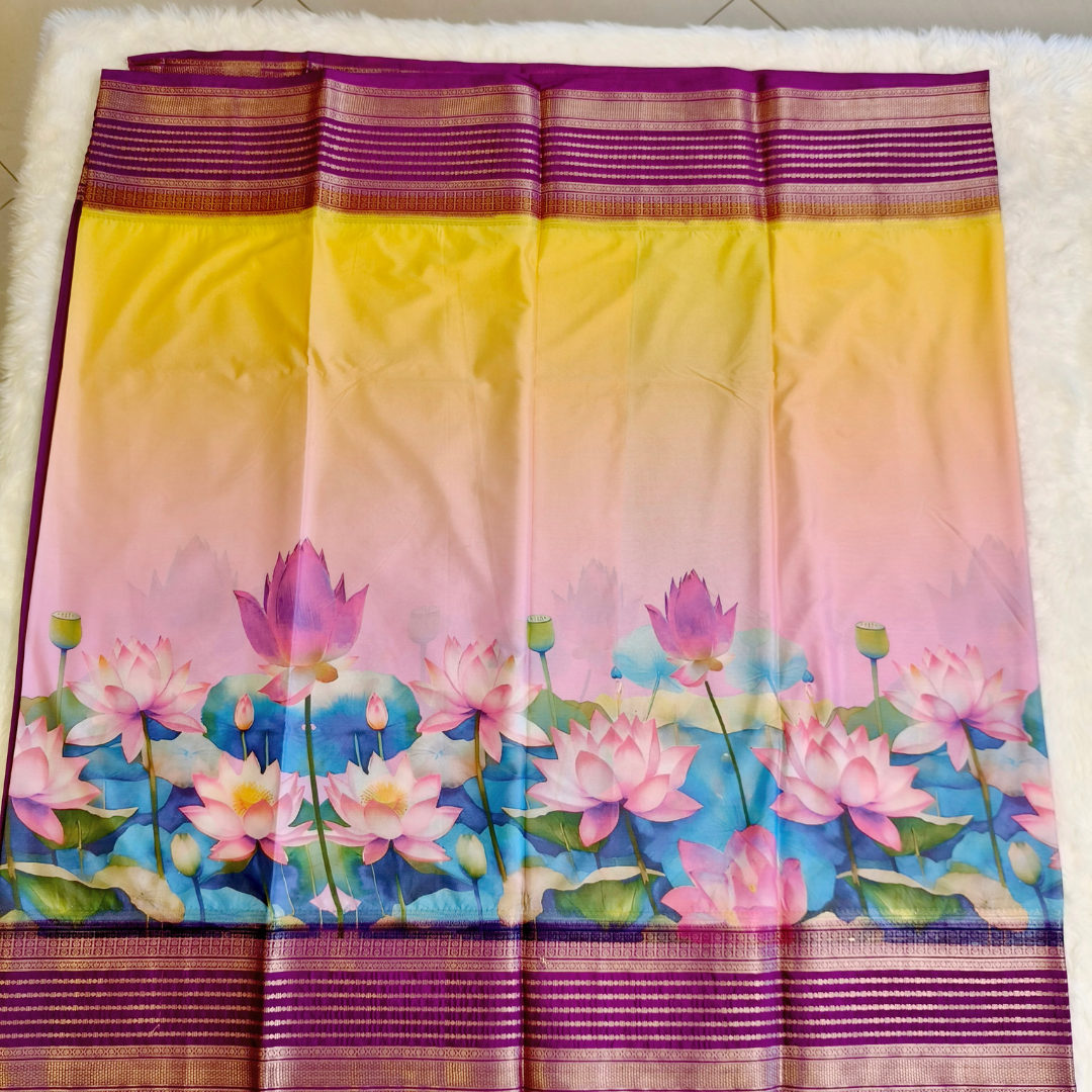 Yellow with purple Lotus theme Semi Mysore Silk Saree
