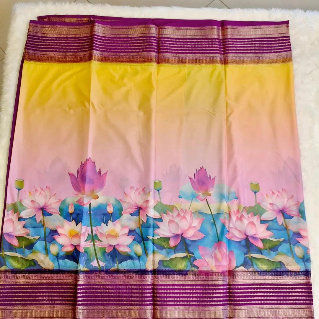 Yellow with purple Lotus theme Semi Mysore Silk Saree Vivahasilks
