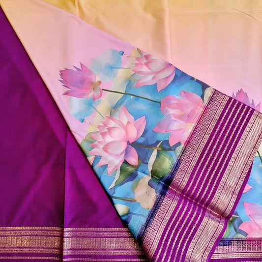 Yellow with purple Lotus theme Semi Mysore Silk Saree Vivahasilks