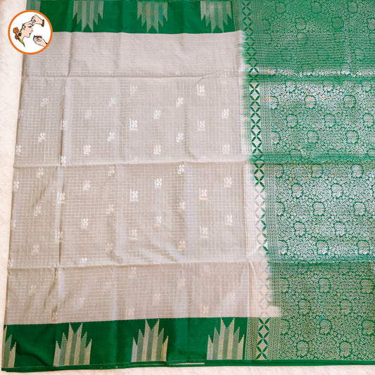 Grey with Dark Green Temple border Silver zari Kanchipuram Soft Silk Saree