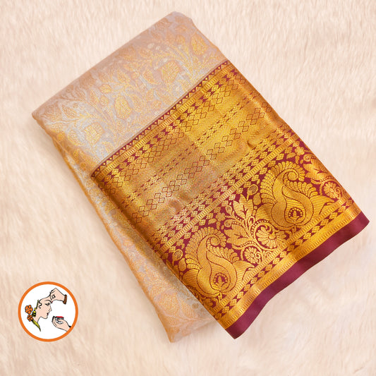 Off white with Dark brown border Gold zari Kanchipuram High Tissue Silk Saree