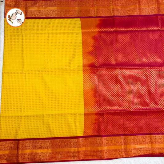 Yellow with Maroon border laksha butta Kanchipuram Semi Soft Silk Saree