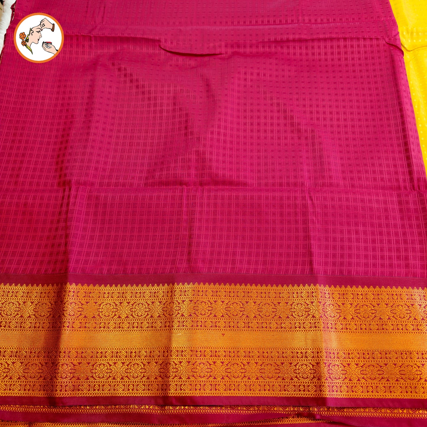 Yellow with Maroon border laksha butta Kanchipuram Semi Soft Silk Saree