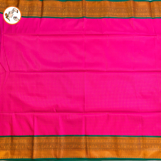 Pink with Green border laksha butta Kanchipuram Semi Soft Silk Saree
