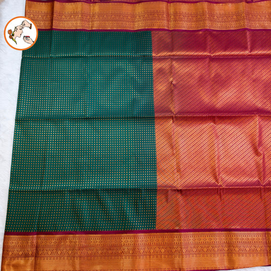 Dark Green with Maroon border laksha butta Kanchipuram Semi Soft Silk Saree