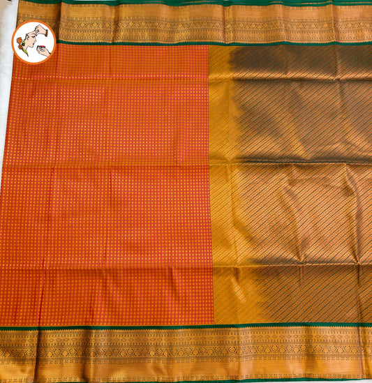 Mustard colour with dark Green border laksha butta Kanchipuram Semi Soft Silk Saree