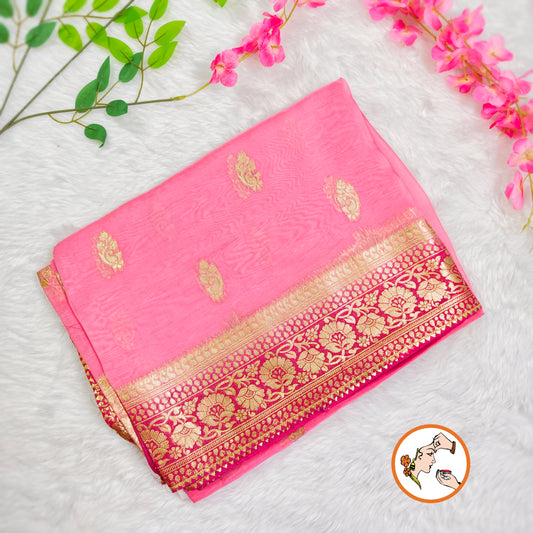 Light Pink Pure Organza Designer Saree with contrast Dark Pink border & blouse