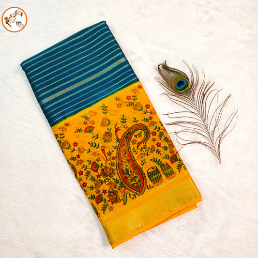 Yellow & Peacock Blue designer semi Mysore Silk Saree