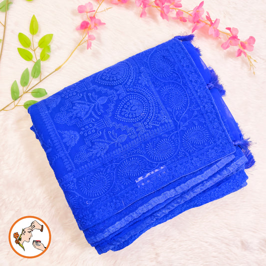 Royal Blue Lucknowi Chikankari Embroidery Pure Chiffon Partywear Saree