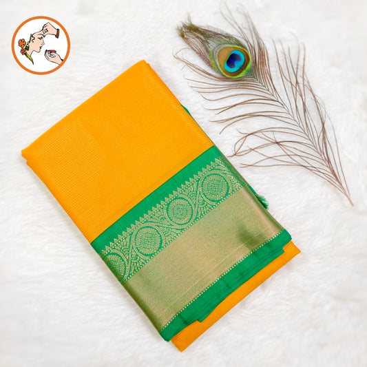 Mustard Yellow with Green border Vairoosi stripes Kanchipuram Semi Silk Saree