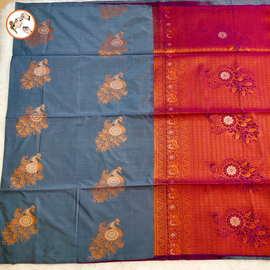 Grey with Purple Borderless Soft Silk Saree with Peacock butta