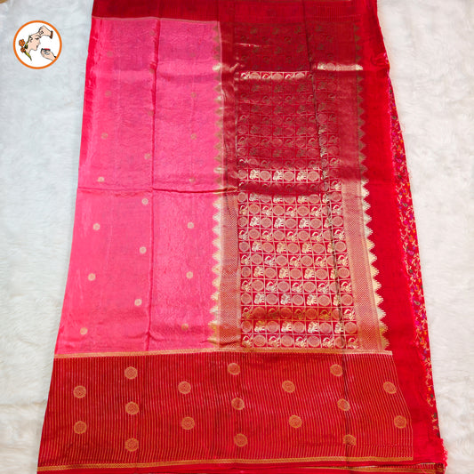 Pink Fancy Soft Silk Saree with Red vertical stripes border