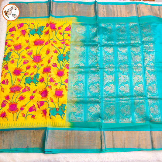 Lime Yellow with Sky Blue Pure Silk Cotton Saree with beautiful Kalamkari print