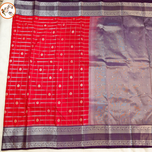Red Traditional checks Kanchipuram Semi Silk Saree