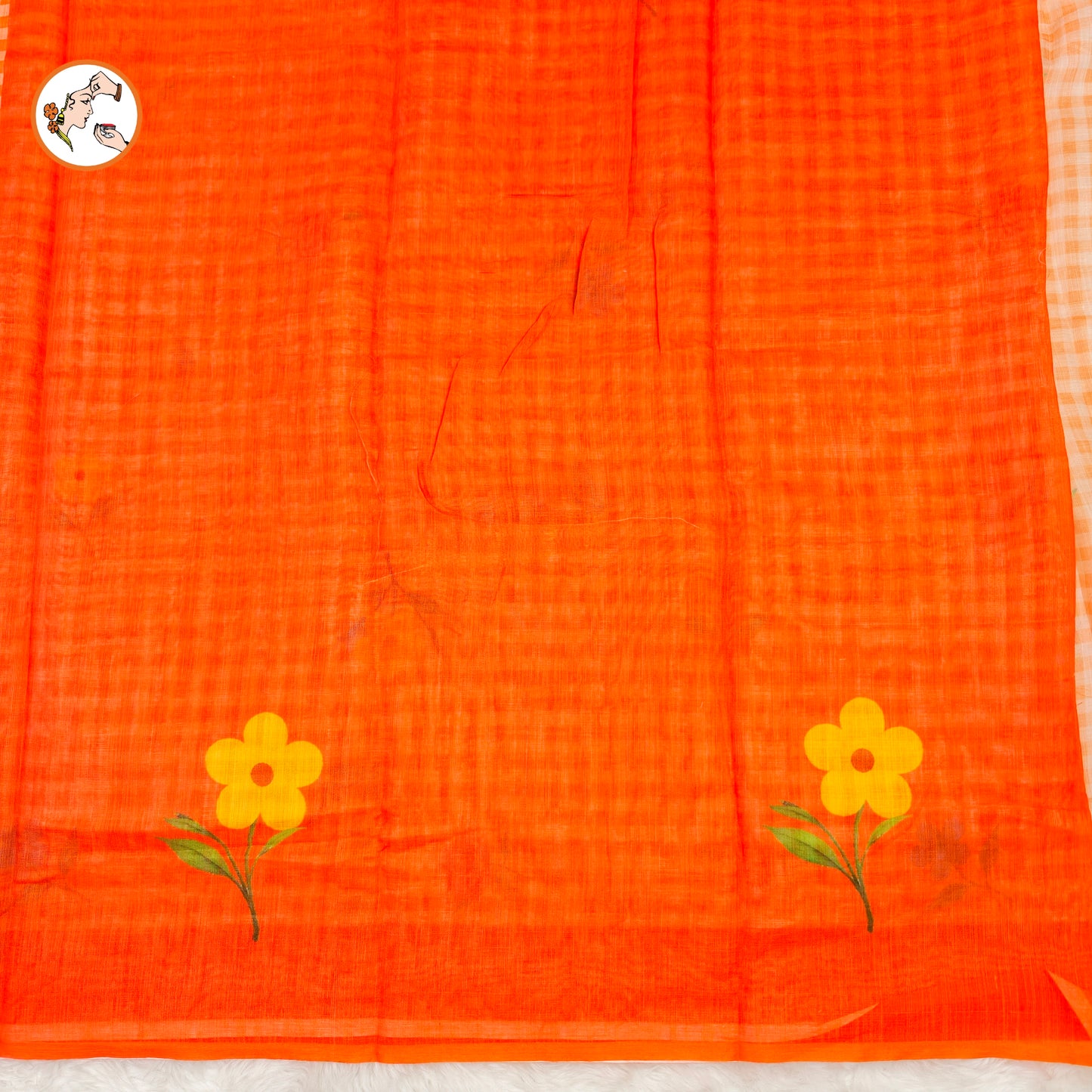 Orange checks pattern Linen Cotton Casual Saree