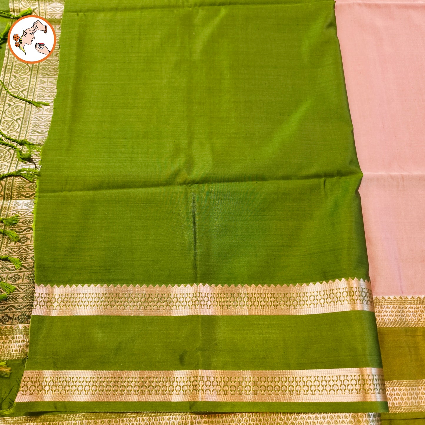 Onion Pink with Parrot Green Raindrop design Retta Petta border Semi Soft Silk Saree
