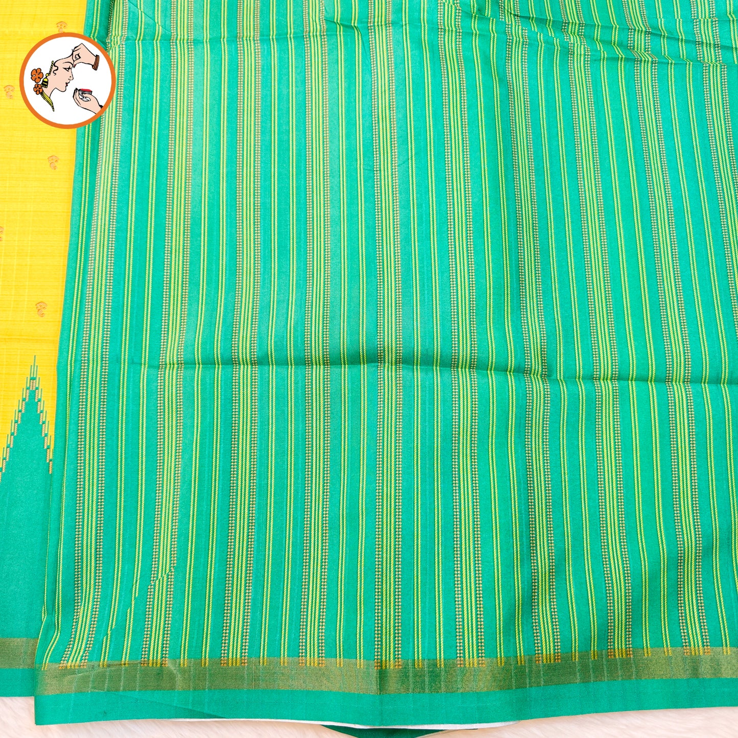 Lime Yellow with Sea Green temple border Dola Silk Casual Saree