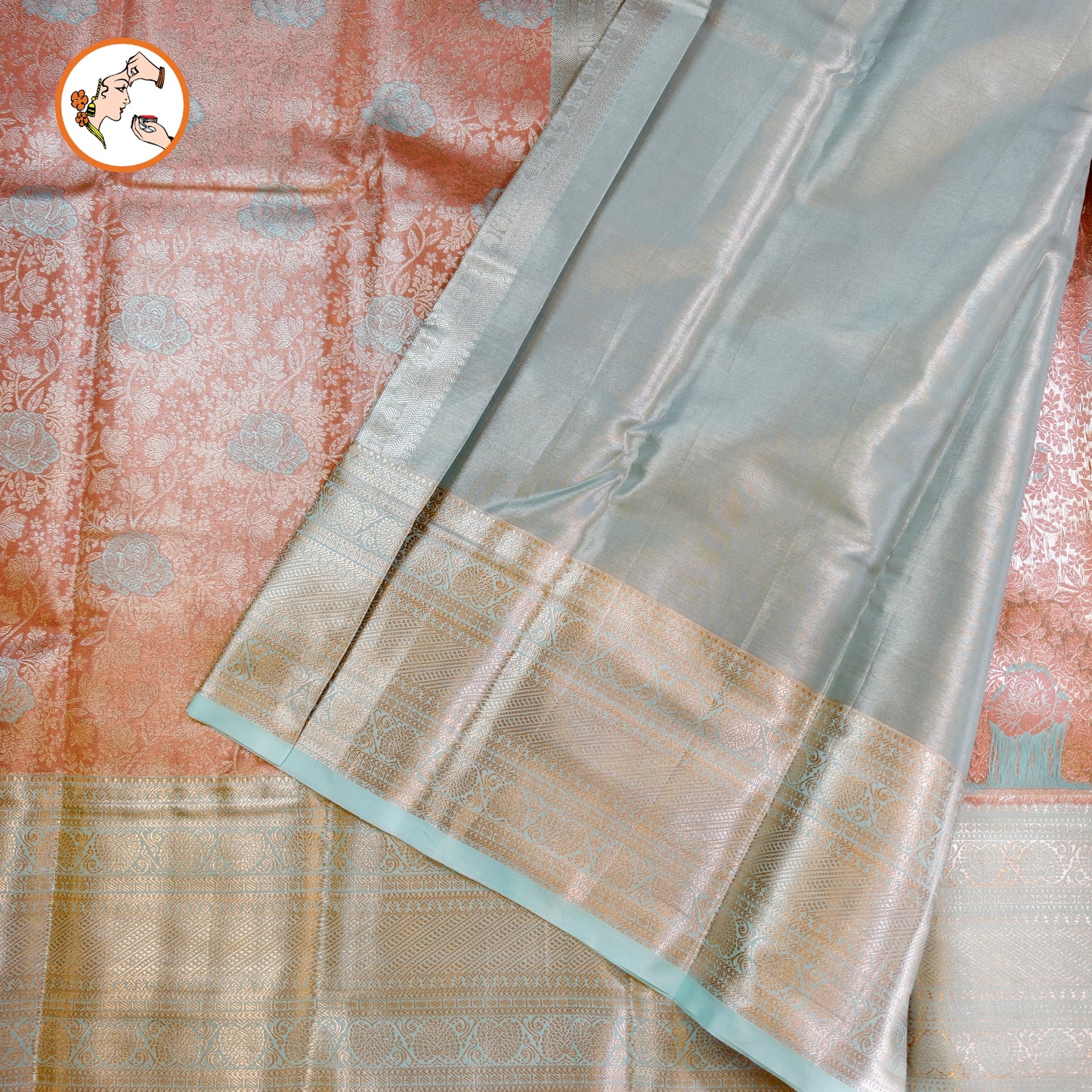 Golden Peach with Sea Green border High Tissue Kanchipuram Silk Saree with 3D Floral Pattern