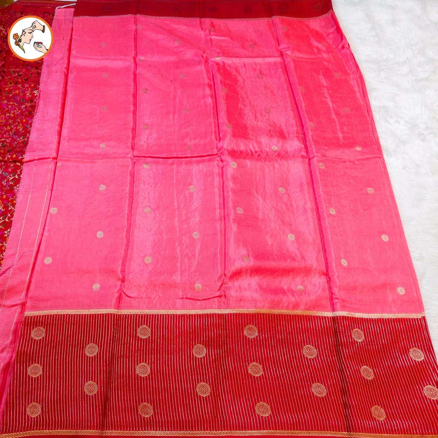 Pink Fancy Soft Silk Saree with Red vertical stripes border