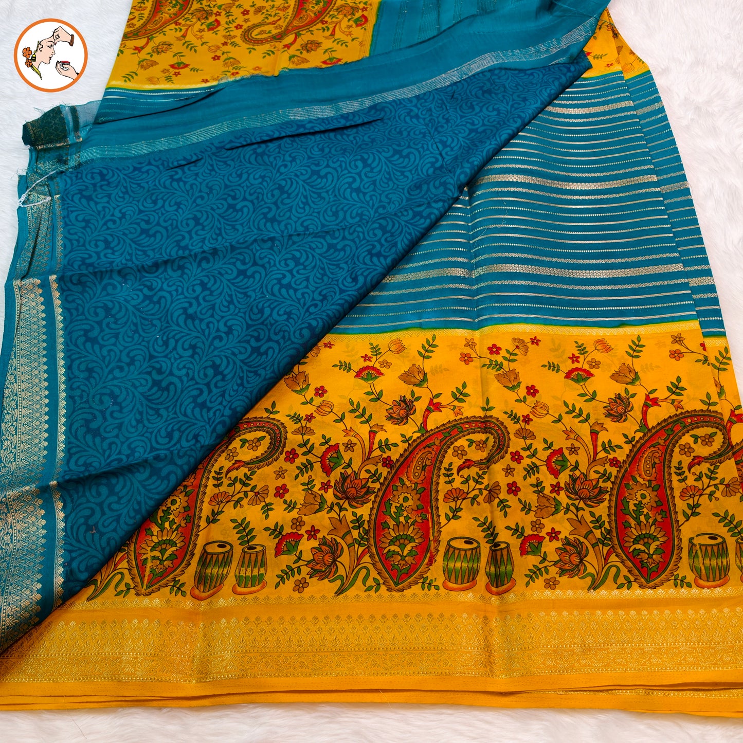 Yellow & Peacock Blue designer semi Mysore Silk Saree