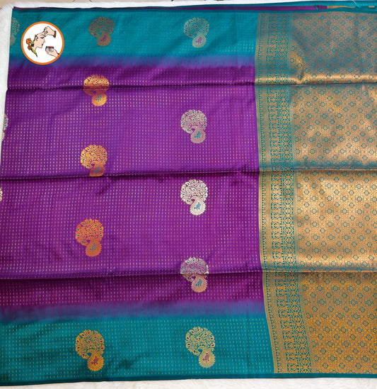 Purple with Peacock Blue raindrop design Soft Silk Saree