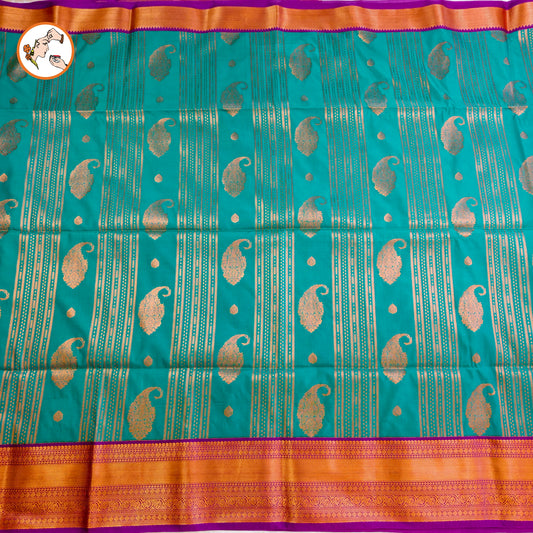 Teal Green with Purple Copper zari Mango butta Kanchipuram Soft Silk Saree