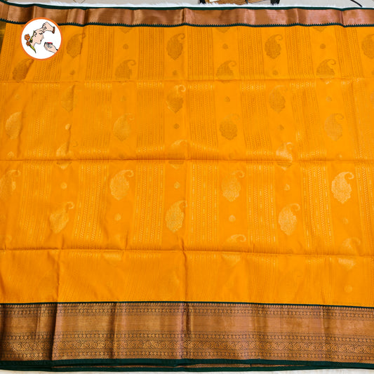 Mustard Yellow with Dark Green Copper zari Mango butta Kanchipuram Soft Silk Saree