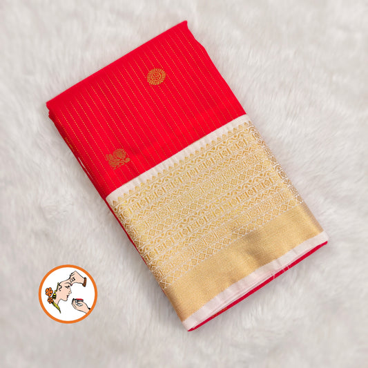 Red with Off white border golden zari vertical stripes & peacock motif Kanchipuram Semi Silk Saree