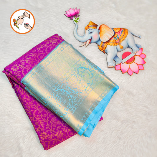 Purple with Sky Blue border Bridal Kanchipuram Mix Silk Saree