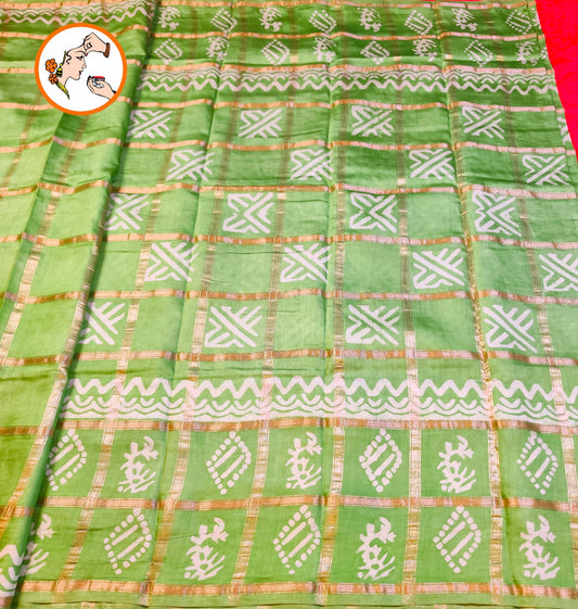 Light Green checks Saree with Flower butta Soft Cotton Casual Saree