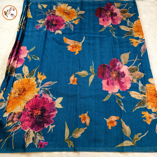 Blue Brush Paint Floral Tussar Saree floral brush paint design