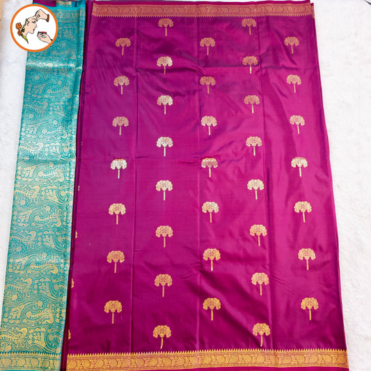 Maroon colour small border Soft Silk Saree with contrast blouse