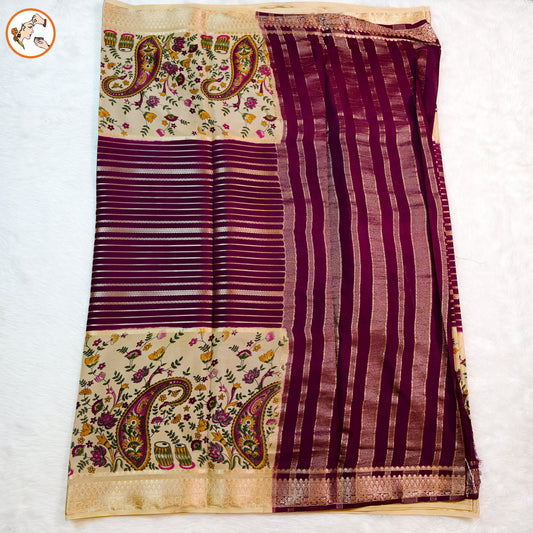 Cream & Purple designer semi Mysore Silk Saree