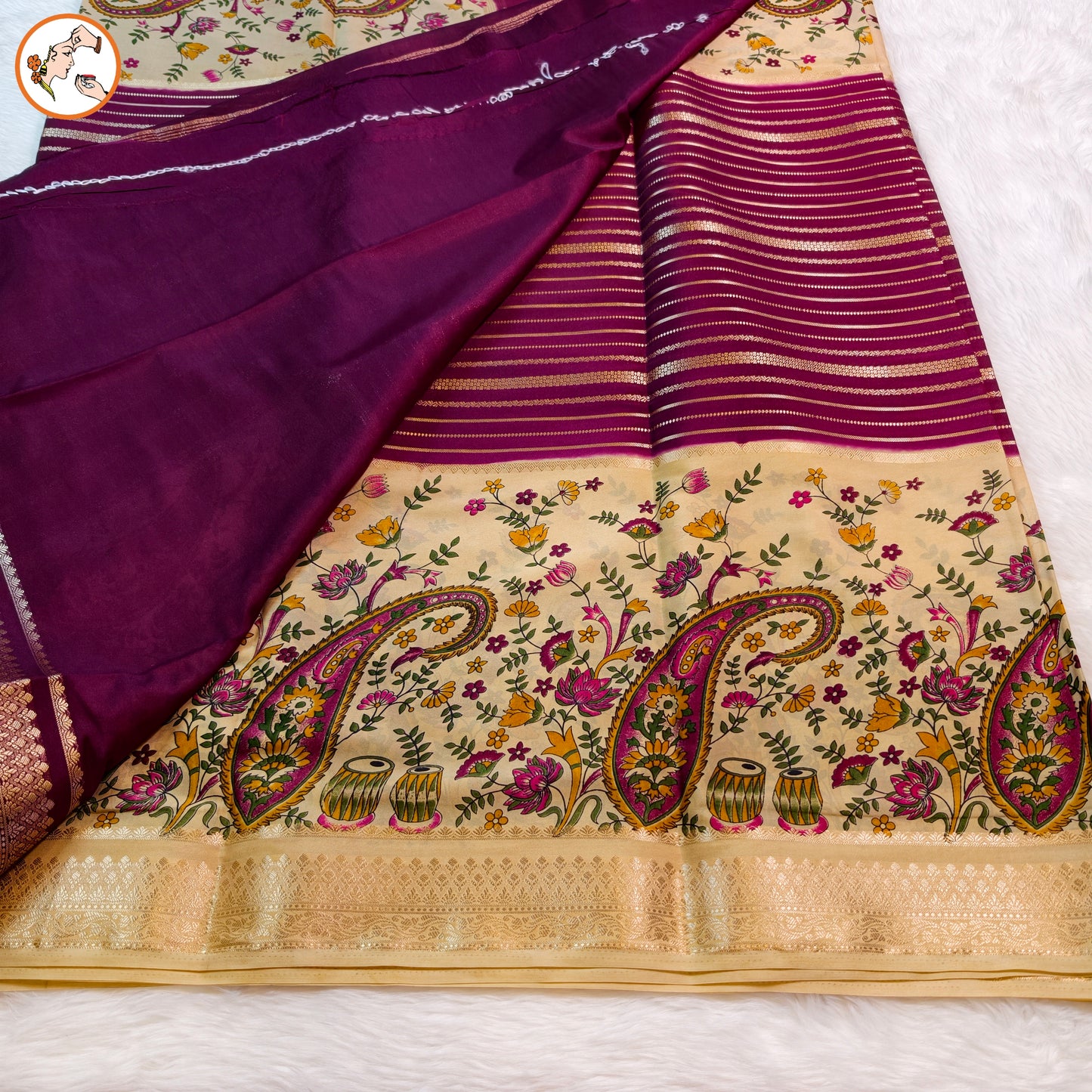 Cream & Purple designer semi Mysore Silk Saree