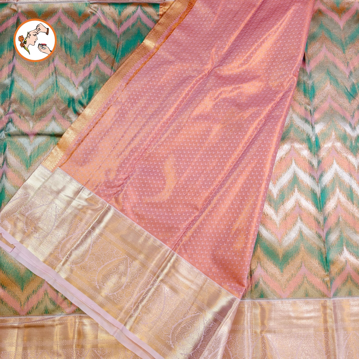 Sky Blue with Pink Zigzag Pattern Kanchipuram Tissue Silk Saree