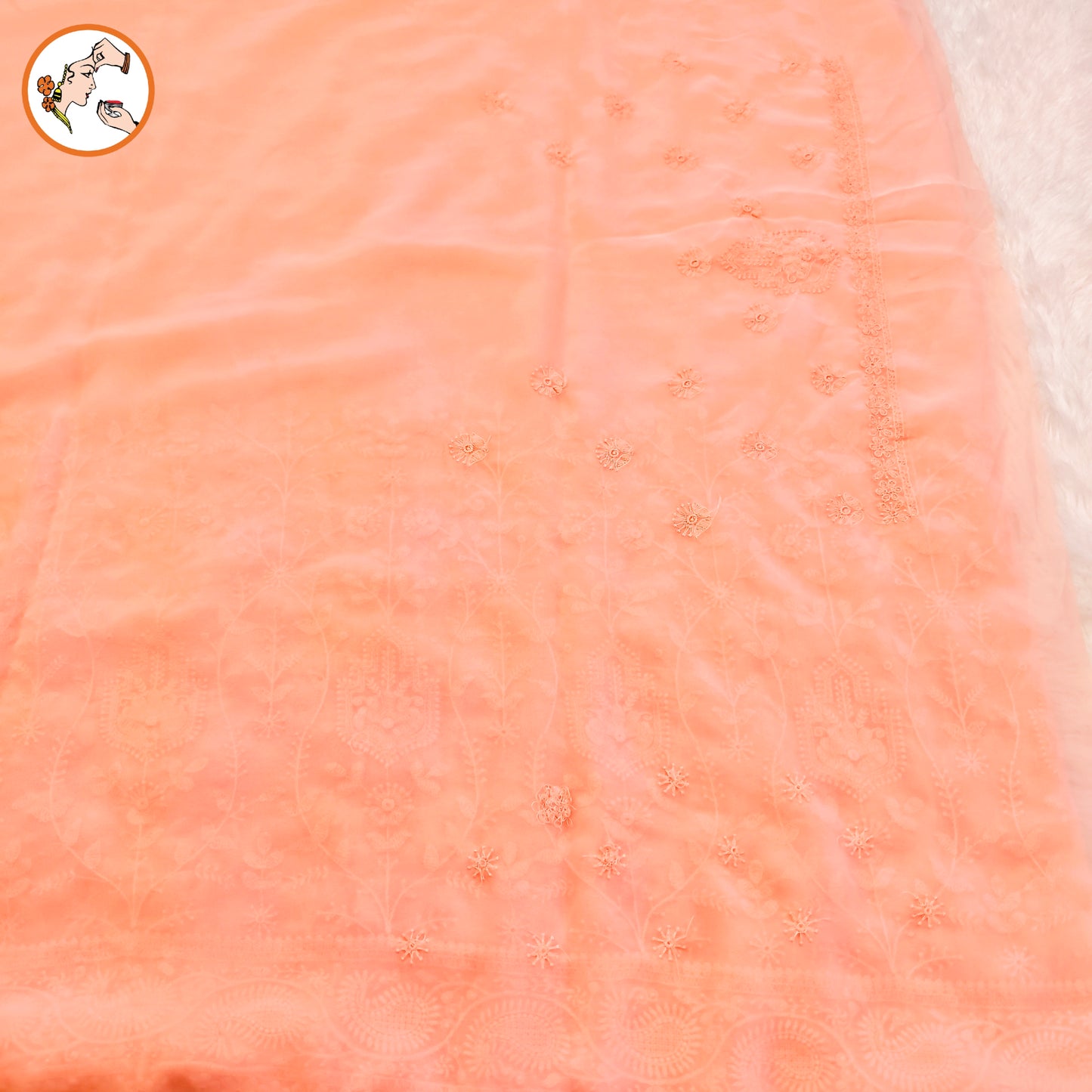 Peach Lucknowi Chikankari Embroidery Pure Chiffon Partywear Saree