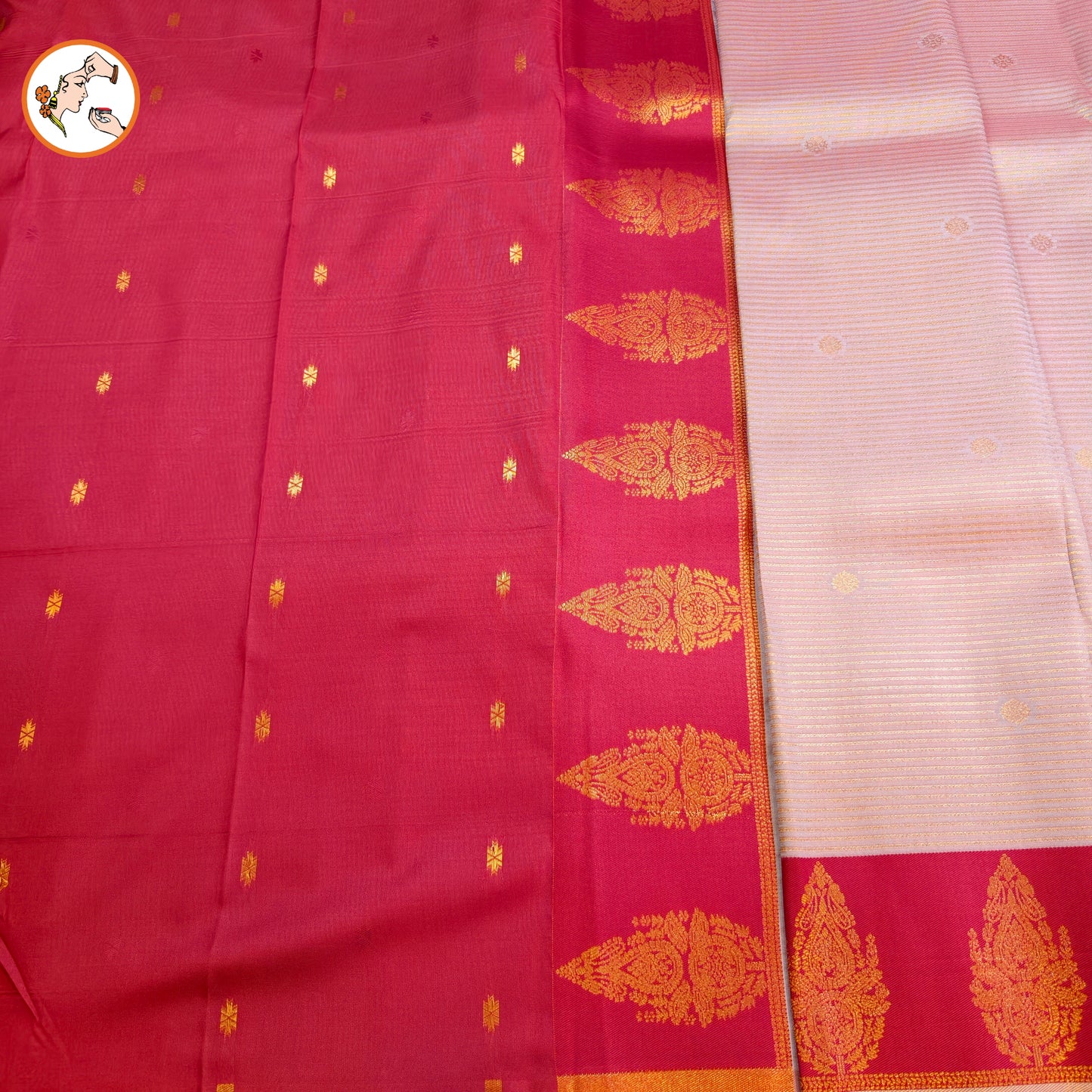 Light Pink & Red Semi Silk Saree with horizontal stripes & fancy border