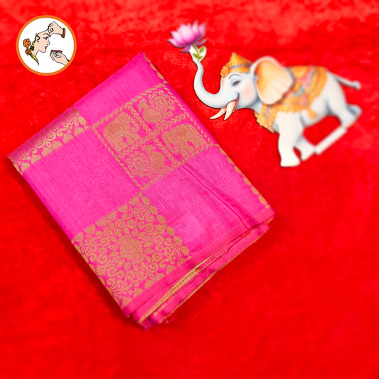 Dark Pink checkered Elephant & peacock butta Borderless Tussar Silk Saree
